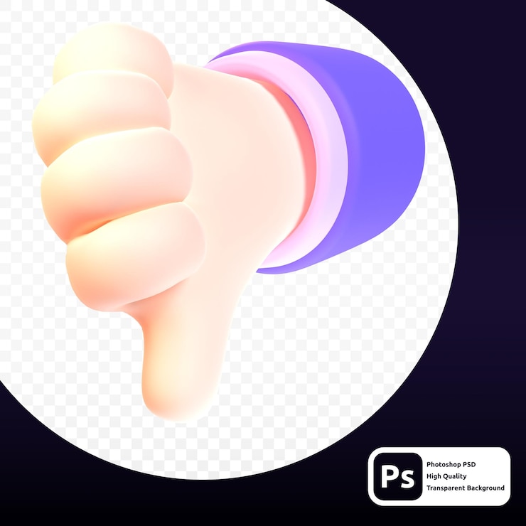 PSD 그래픽 자산 웹 또는 프리젠테이션을 위해 3d 렌더링에서 엄지 손가락 아래로 손 제스처