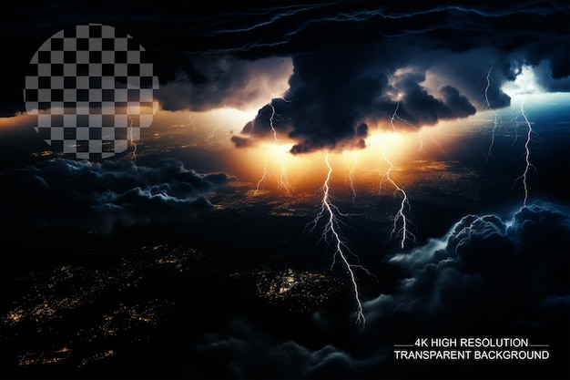 Thunder lightning night remote control aerial view on transparent background