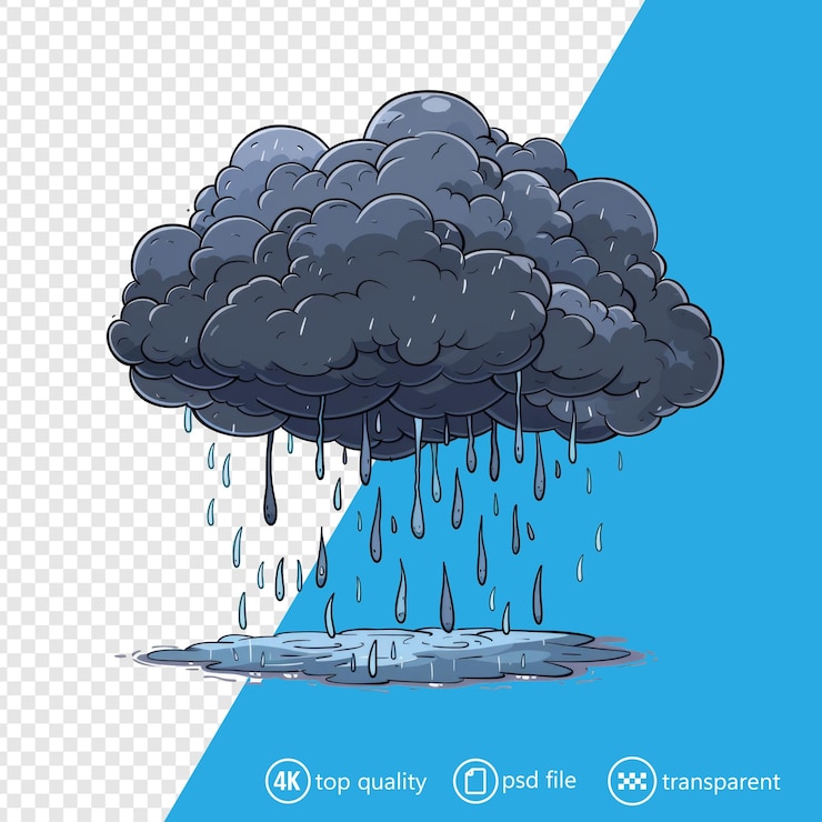 PSD thundercloud with rain in cartoon style of sky thick
