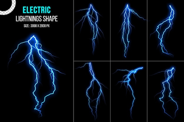 PSD Коллекция грозы и синей молнии на прозрачном фоне