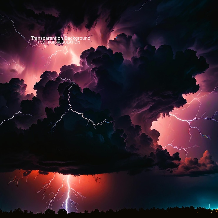 PSD thunderstorm clouds with lightning at night on transparent background
