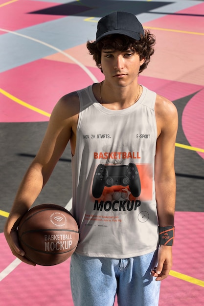 PSD tiener die een mockup voor basketbal draagt