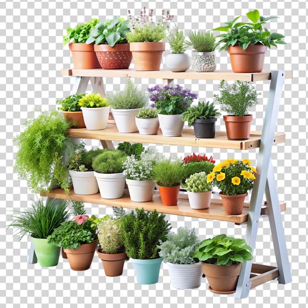 PSD tiered gardening shelf with potted herbs and flowers isolated on transparent background