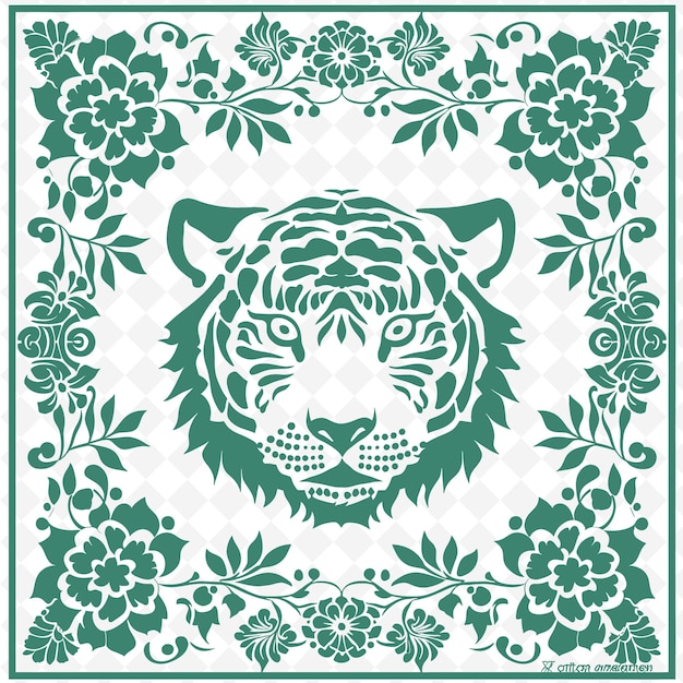 PSD tiger line art with asian flowers and calligraphy for decora creative outline scribble collections