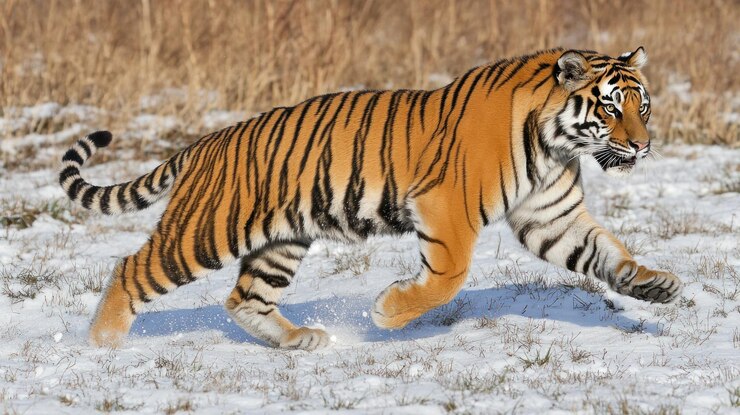PSD tiger running through snow in a natural habitat