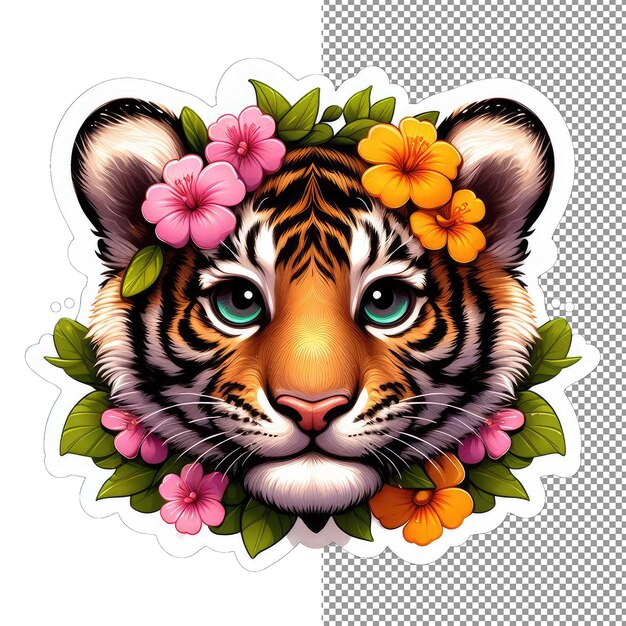 PSD tiger in the tulips floral feline sticker