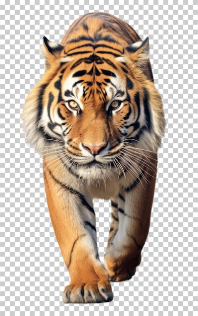 PSD tigre che cammina vista frontale isolata su sfondo trasparente