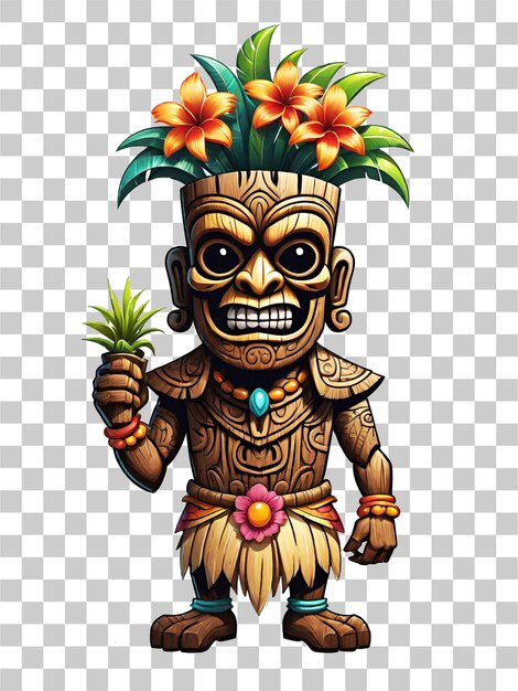 Tiki mask cartoon character with flowers and leaves on transparent background