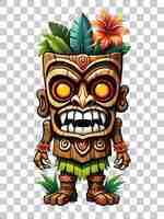 PSD tiki mask cartoon character with flowers and leaves on transparent background