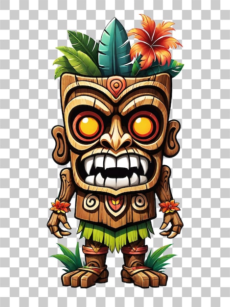 PSD tiki masker stripfiguur met bloemen en bladeren op transparante achtergrond