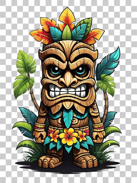 Tiki masker stripfiguur met bloemen en bladeren op transparante achtergrond