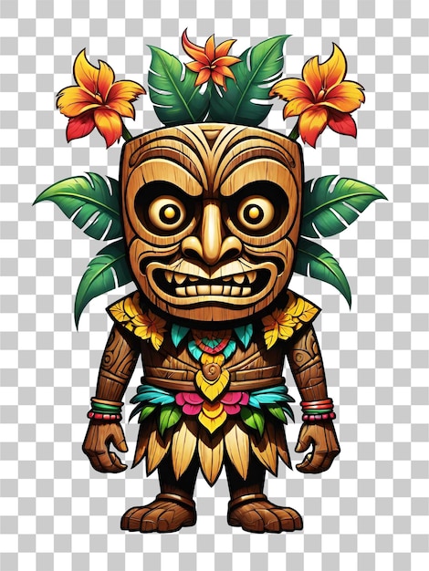 PSD tiki wooden tribal mascot cartoon character hawaiian ornaments on transparent background illustratio