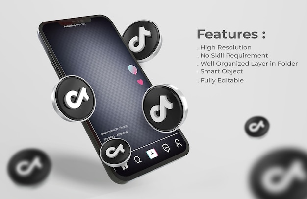 Tiktok on mobile phone mockup with 3d logo