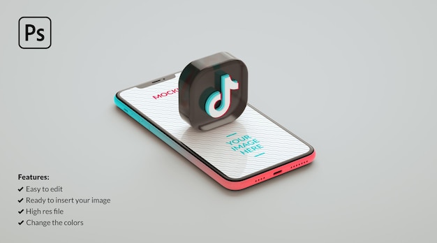 Современная кнопка tiktok с макетом экрана смартфона в 3d-рендеринге