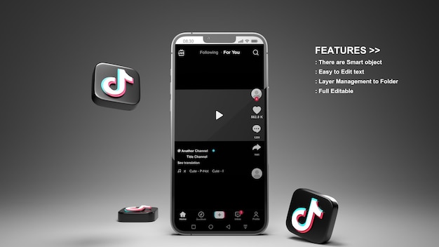 Tiktok page on mobile phone 3d render mockup and 3d tiktok icons