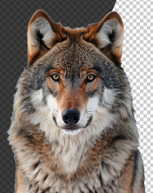 PSD Снимка головы деревянного волка с интенсивным взглядом на прозрачном фоне.