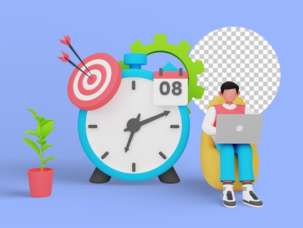 時間管理は、ランディングページの概念を示しています。 3Dイラスト