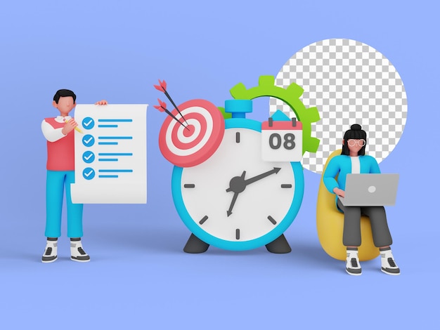 時間管理は、ランディングページの概念を示しています。 3Dイラスト