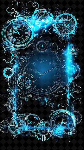 PSD time warp arcane frame with swirling clocks and gears surrou neon color frame y2k collection