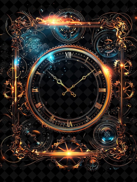 PSD timeless clock tower arcane frame with clock hands and intri neon color frame y2k collection