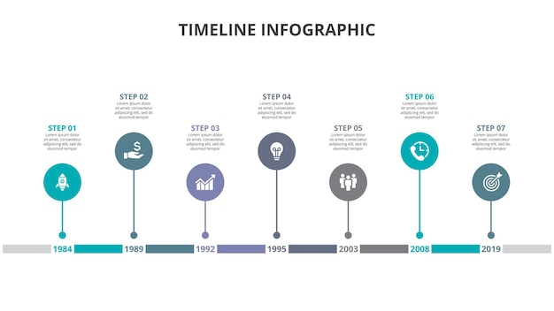 PSD timeline diagram with 7 steps options parts or processes business template for presentation