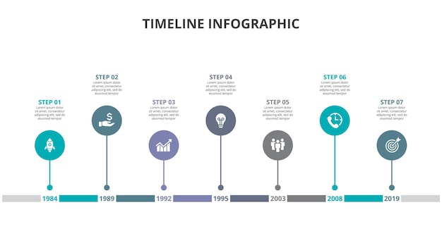 Diagramma temporale con 7 passaggi opzioni parti o processi modello aziendale per la presentazione