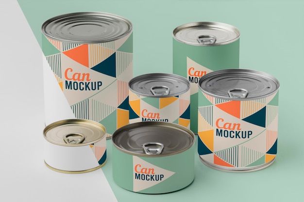 Tin cans arranged on table