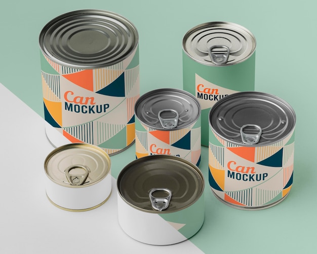 PSD tin cans arranged on table