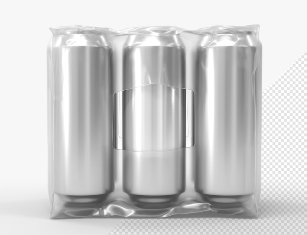 Tin cans for beer or soda in plastic wrap mockup front view Realistic set of six metal jars in shrink film aluminium drink bottles in transparent pack isolated on white background