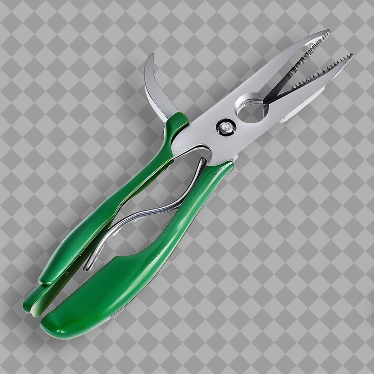 PSD tin snips with green plastic handle and silver blade a tool isolated object on clean background