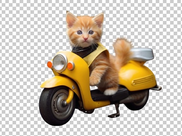 PSD tiny red kitten riding a yellow motorbike
