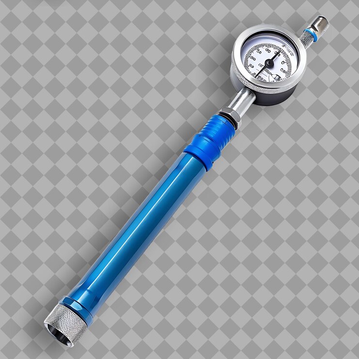 PSD tire pressure gauge with blue plastic handle and silver stee isolated object on clean background