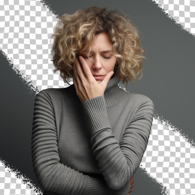 Tired middle aged woman with vision problem rubbing eyes over transparent background looking sleepy