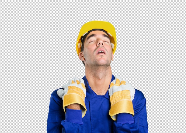 PSD tired worker on white background