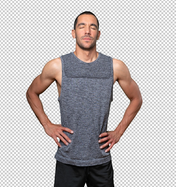 PSD tired young man posing against background