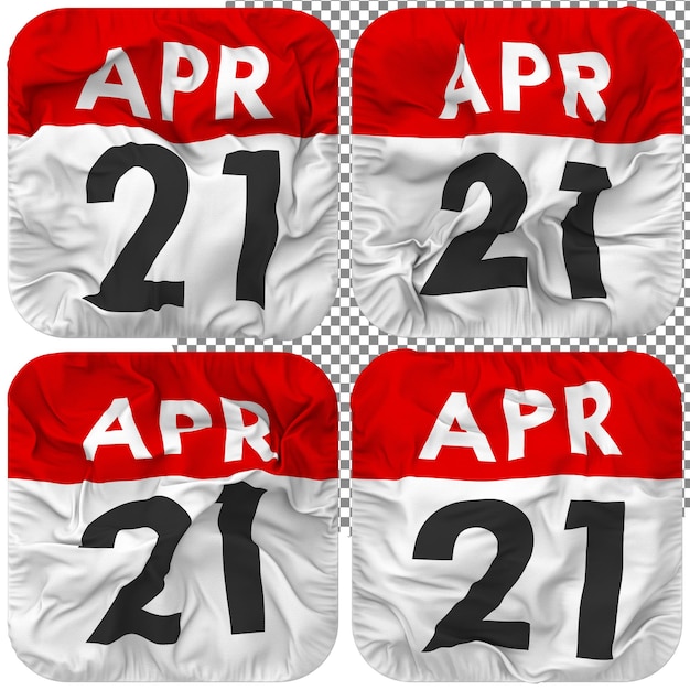 Tjueførste 21. april Dato Kalender Ikon Isolert Fire Vinkende Stil Bump Tekstur 3D Rendering