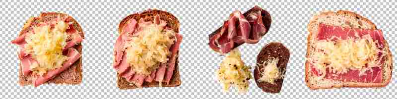 PSD toasted rye bread with pastrami and sauerkraut set isolated on transparent background