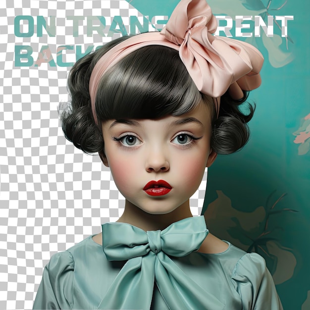 Toddler girl mongolic beauty in curator style short hair close up lips on pastel teal