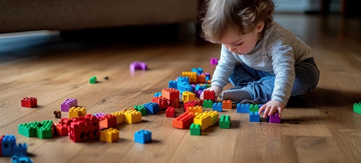 PSD toddler playing with colorful blocks on wooden floor