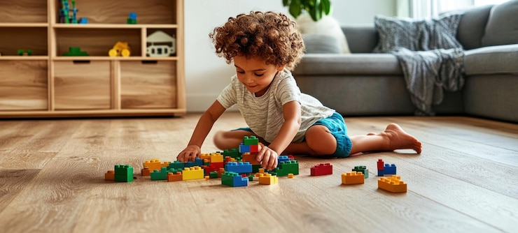 PSD toddler playing with colorful blocks on wooden floor
