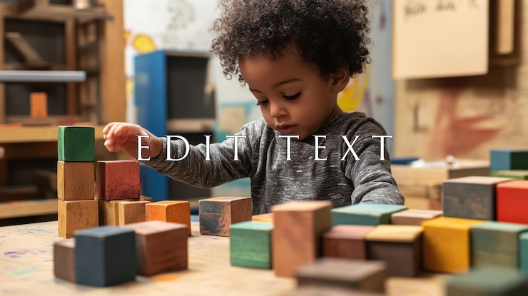PSD toddler playing with colorful wooden blocks at a table