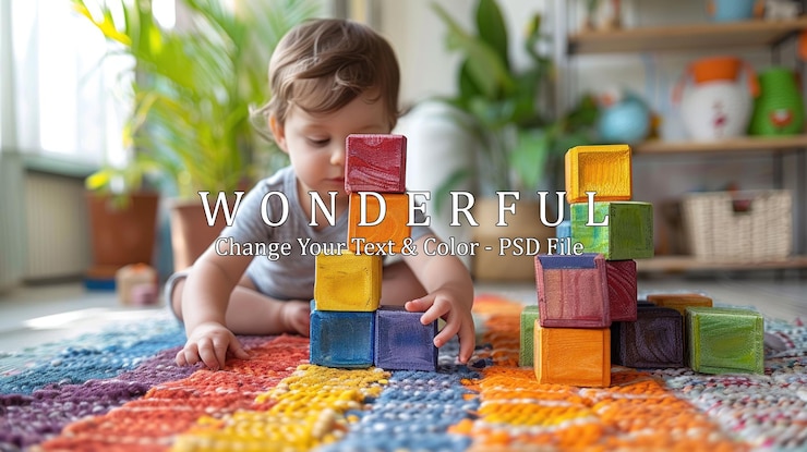 PSD toddler playing with colorful wooden blocks