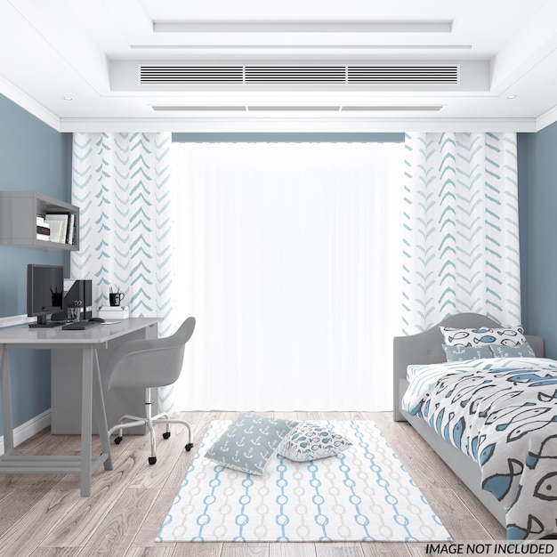 Toddlers room biancheria da letto cuscini e tende mockup