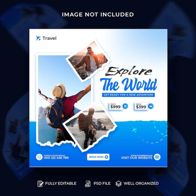 PSD toer en reis avontuur social media banner of zomer strand reizen instagram post design