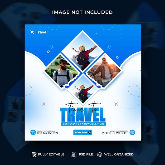 PSD toer en reis avontuur social media banner of zomer strand reizen instagram post design