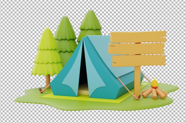 PSD toeristische kampeertent en kampvuur met houten wegwijzer op campingplaatsenzomerkampconcept3d renderingxa