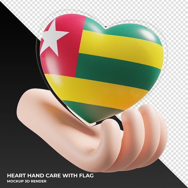 Togo flag with heart hand care realistic 3d textured