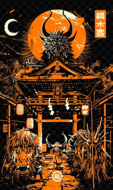 PSD tohokus namahage sedo festival with ritual street scene demo psd vector tshirt tattoo ink scape art