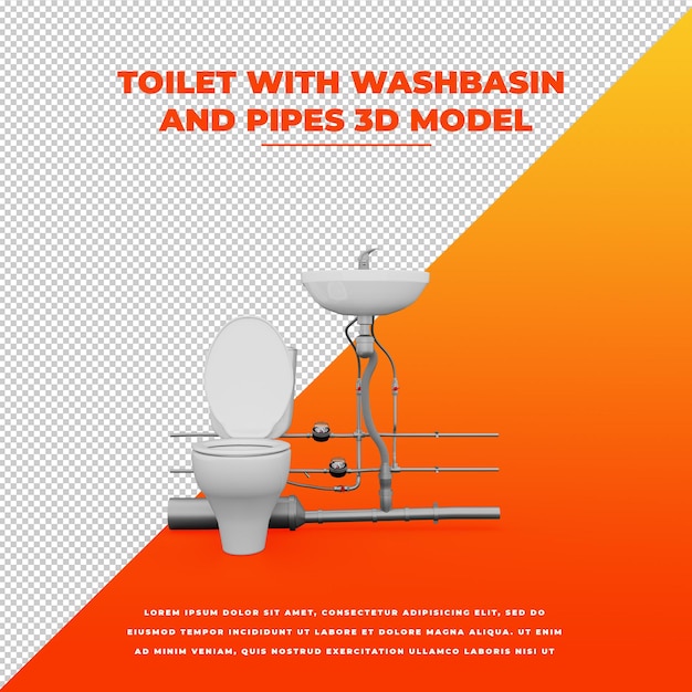 Toilet with washbasin and pipes 3d isolated model