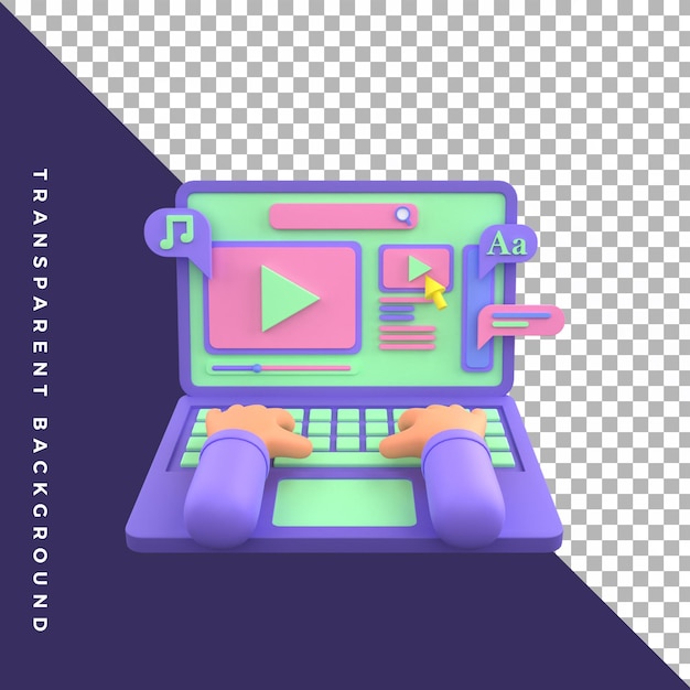 Toimittaja muokkaa videota käsiele kannettava tietokone 3D